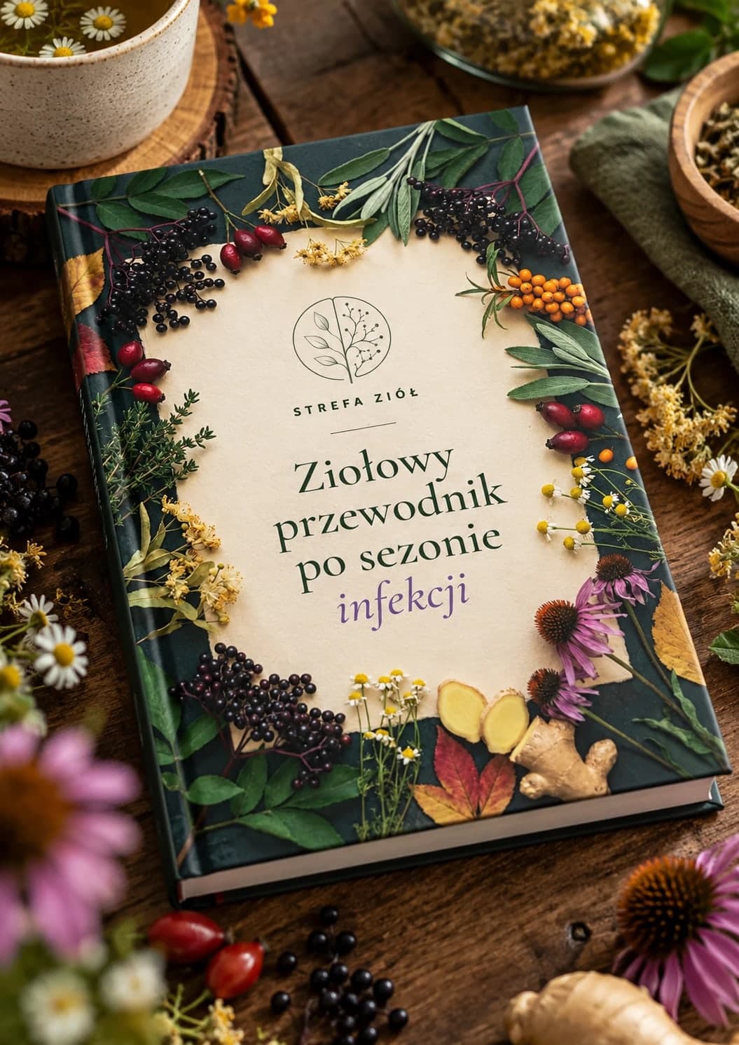 E-book „Ziołowy przewodnik po sezonie infekcji” na drewnianym stole wśród ziół i owoców